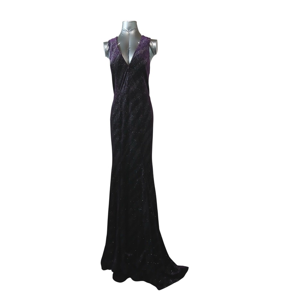 Johnathan Kayne Y2K Purple Silver Glitter Chevron Velvet Mermaid Gown Dress 16